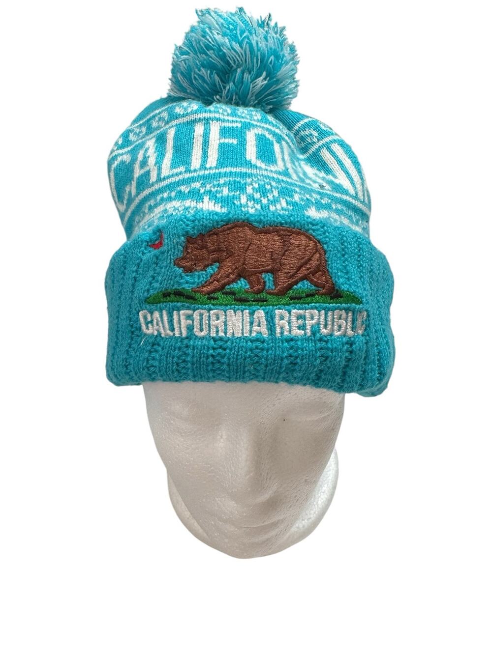 California Republic Blue White Pom Beanie Brown Bear Acrylic One Size Adult